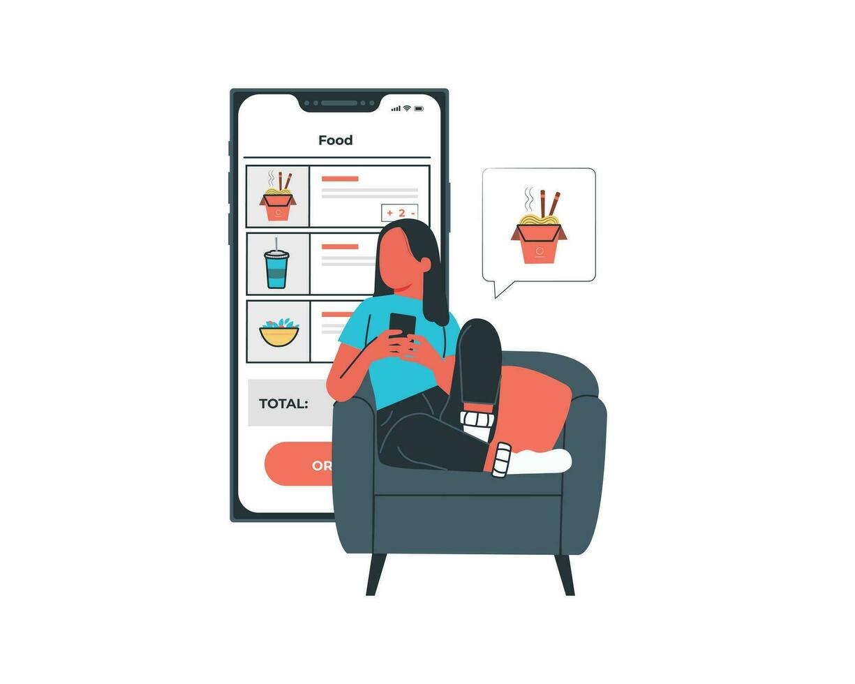 Vector illustration of a woman sitting on an armchair in front of a mobile phone with a menu on the screen