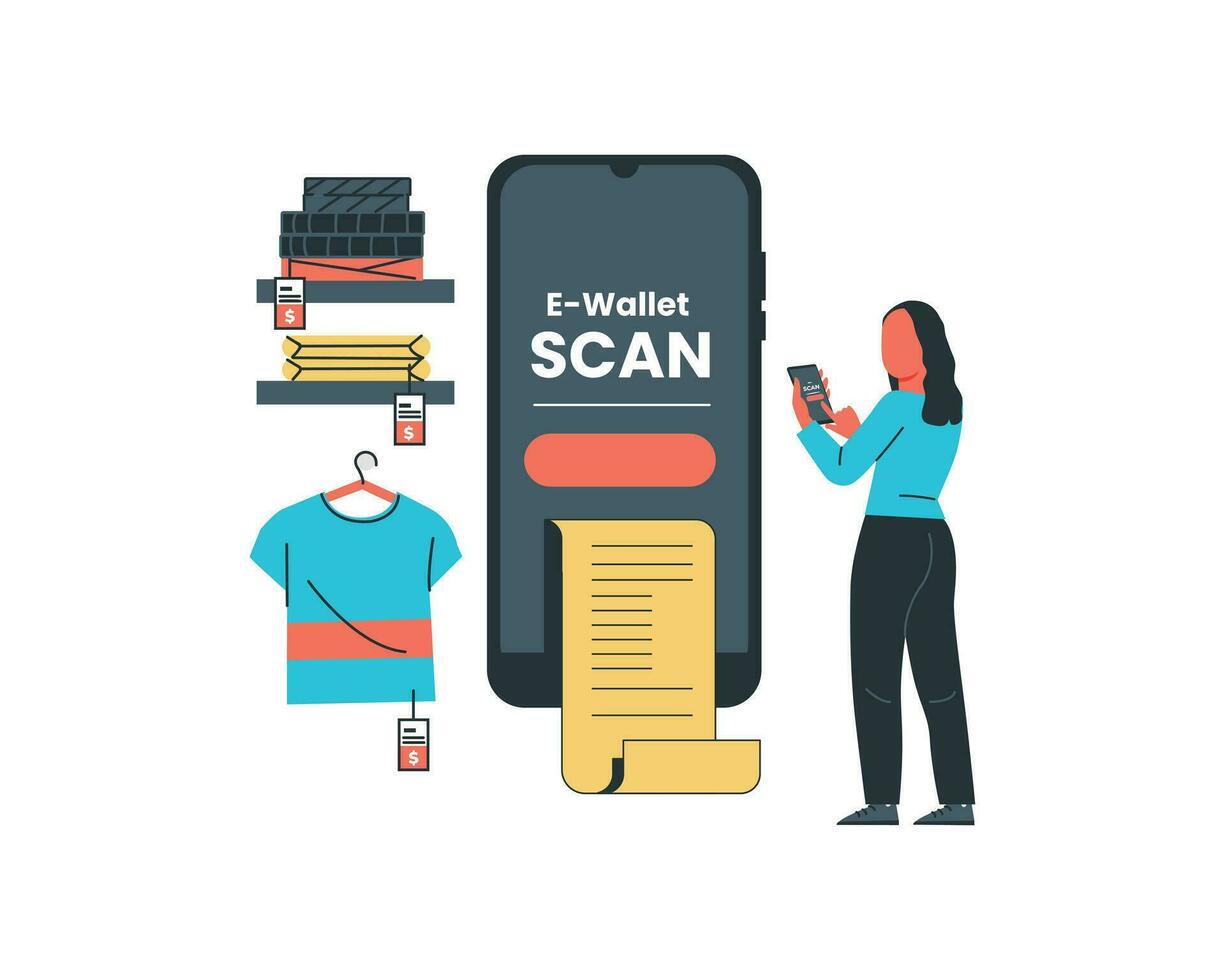 Woman using smartphone to order clothes online. Vector illustration in flat style