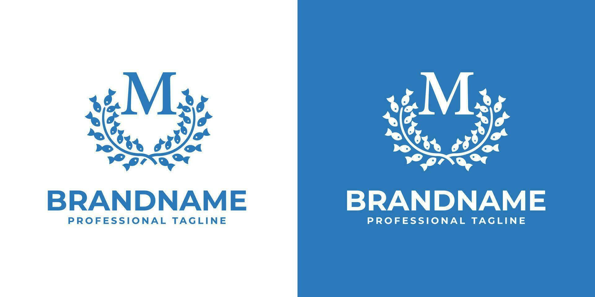 Letter M Laurel Fish Logo, suitable for business related to Fish and Laurel with M initial vector