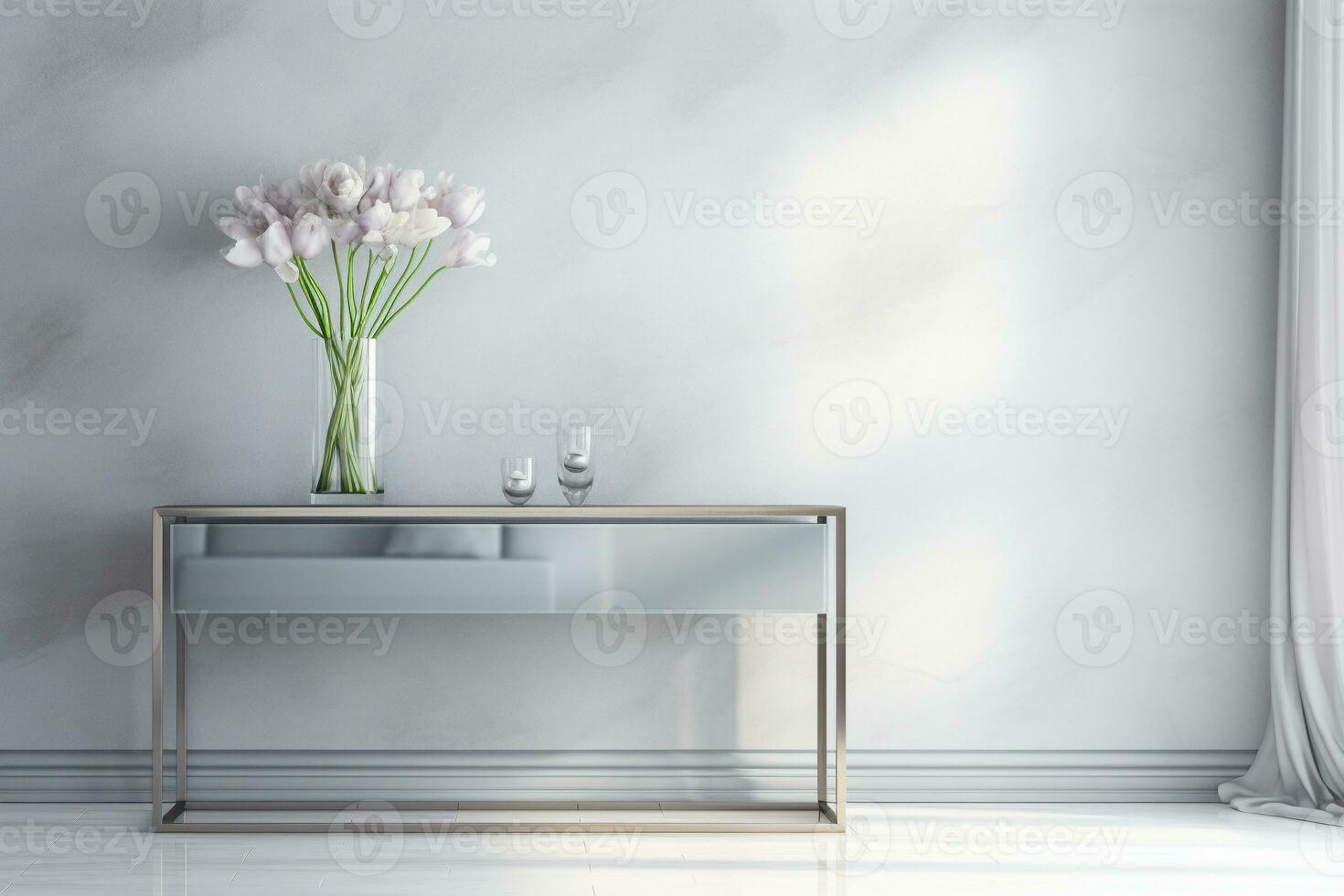 un vaso parte superior consola mesa agrega elegancia a un moderno entrada en frio gris tonos ai generado foto