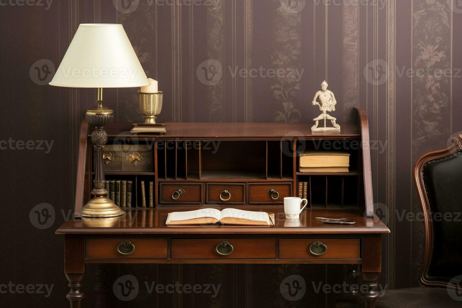 An antique secretary desk that complements a vintage home office with rich, deep brown tones. Ai generated photo