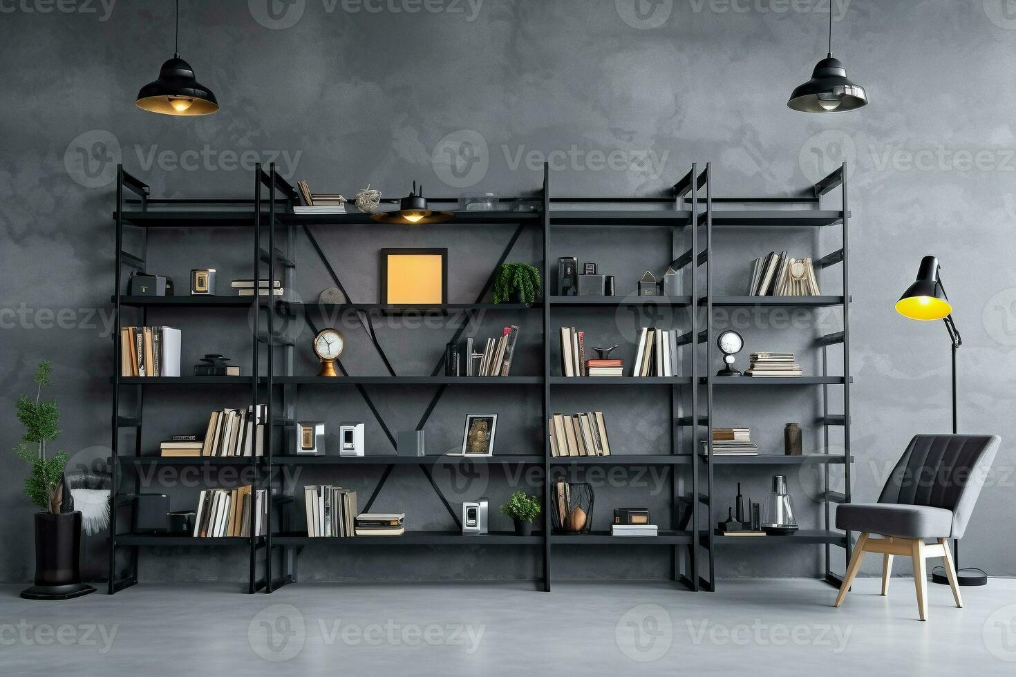 An industrial bookshelf defining a loft-style workspace in cool grays and blacks. Ai generated photo