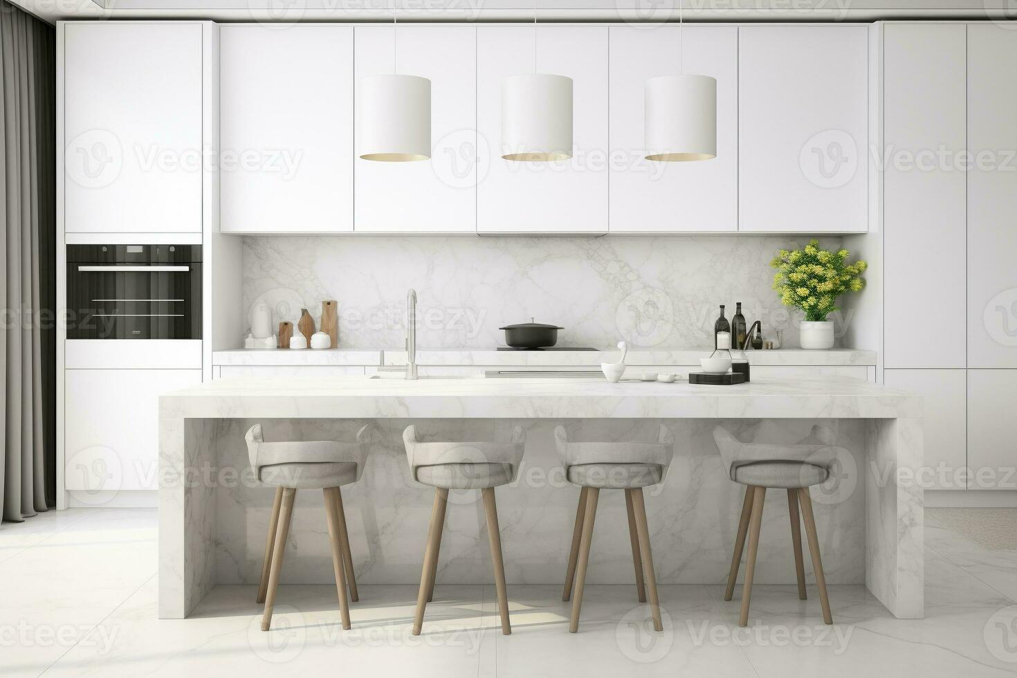 Kitchen island with white marble countertop as the centerpiece of a luxurious white cooking space. Ai generated photo