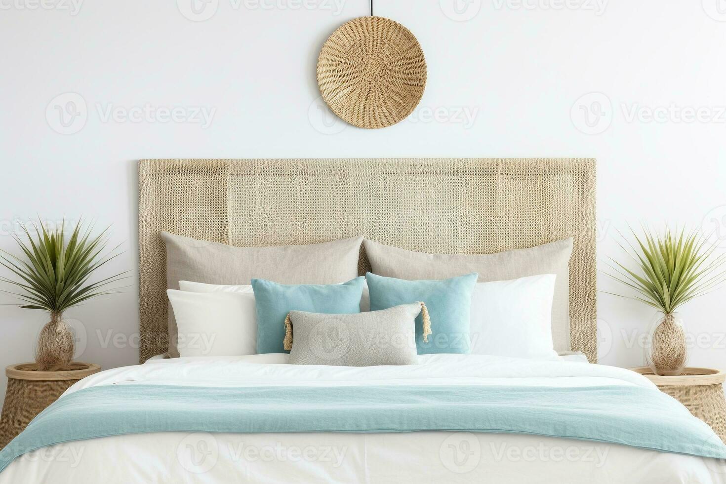 Seagrass wicker headboard in a coastal bedroom in soft blues and neutrals. Ai generated photo