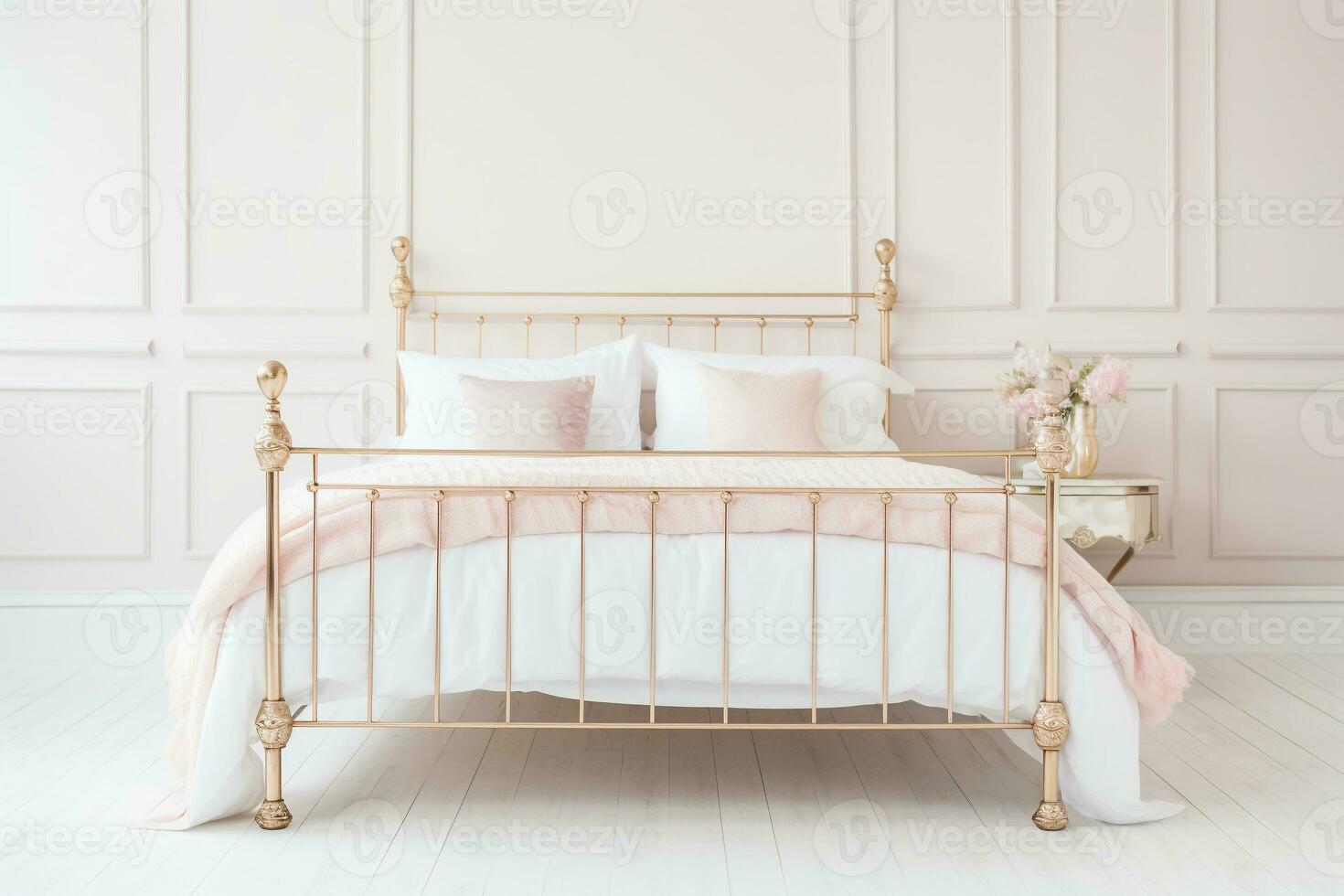 Antique brass bed frame in a vintage bedroom in soft pastel colors. Ai generated photo
