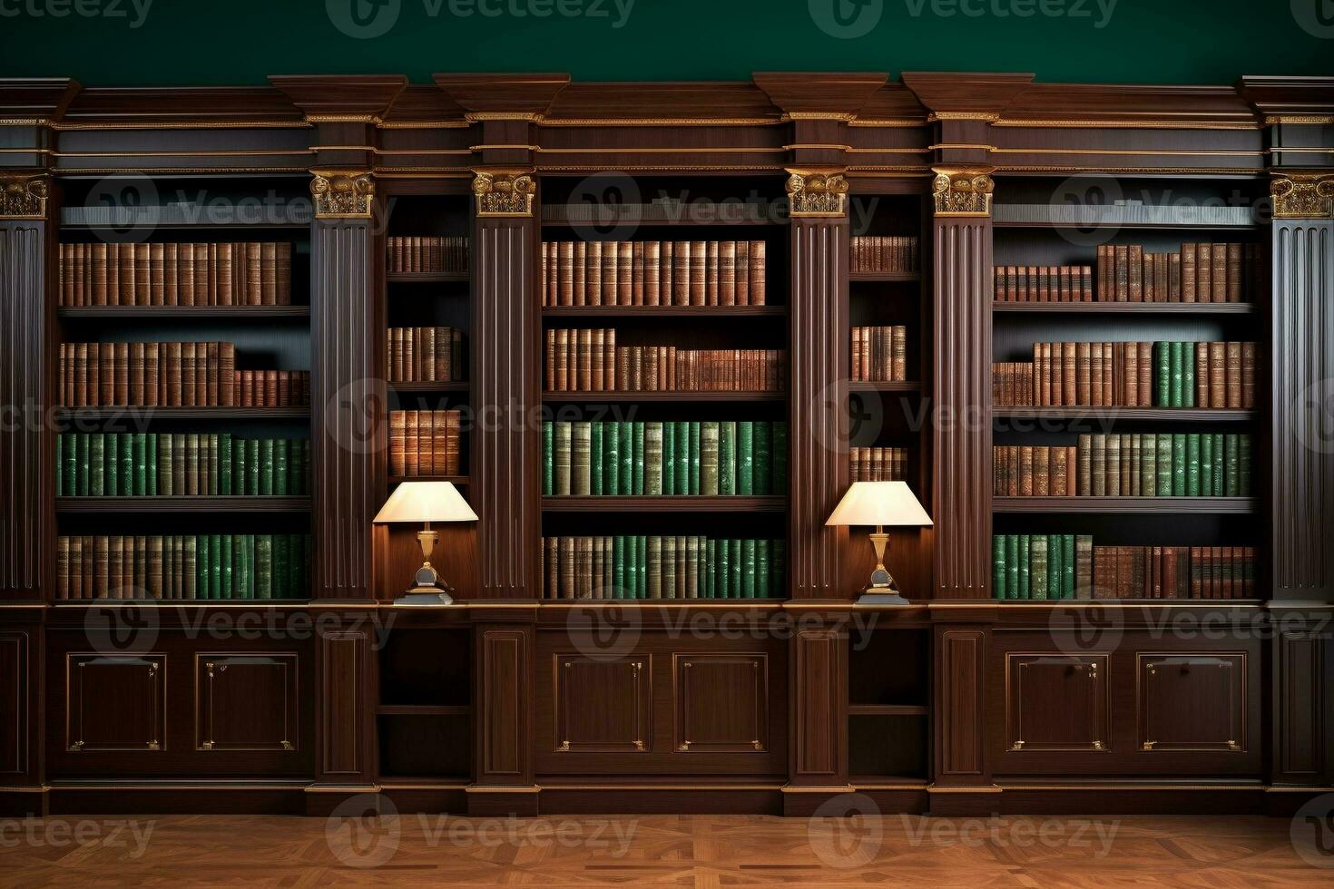 Tall bookshelves frame a classic home library in rich mahogany and dark green. Ai generated photo