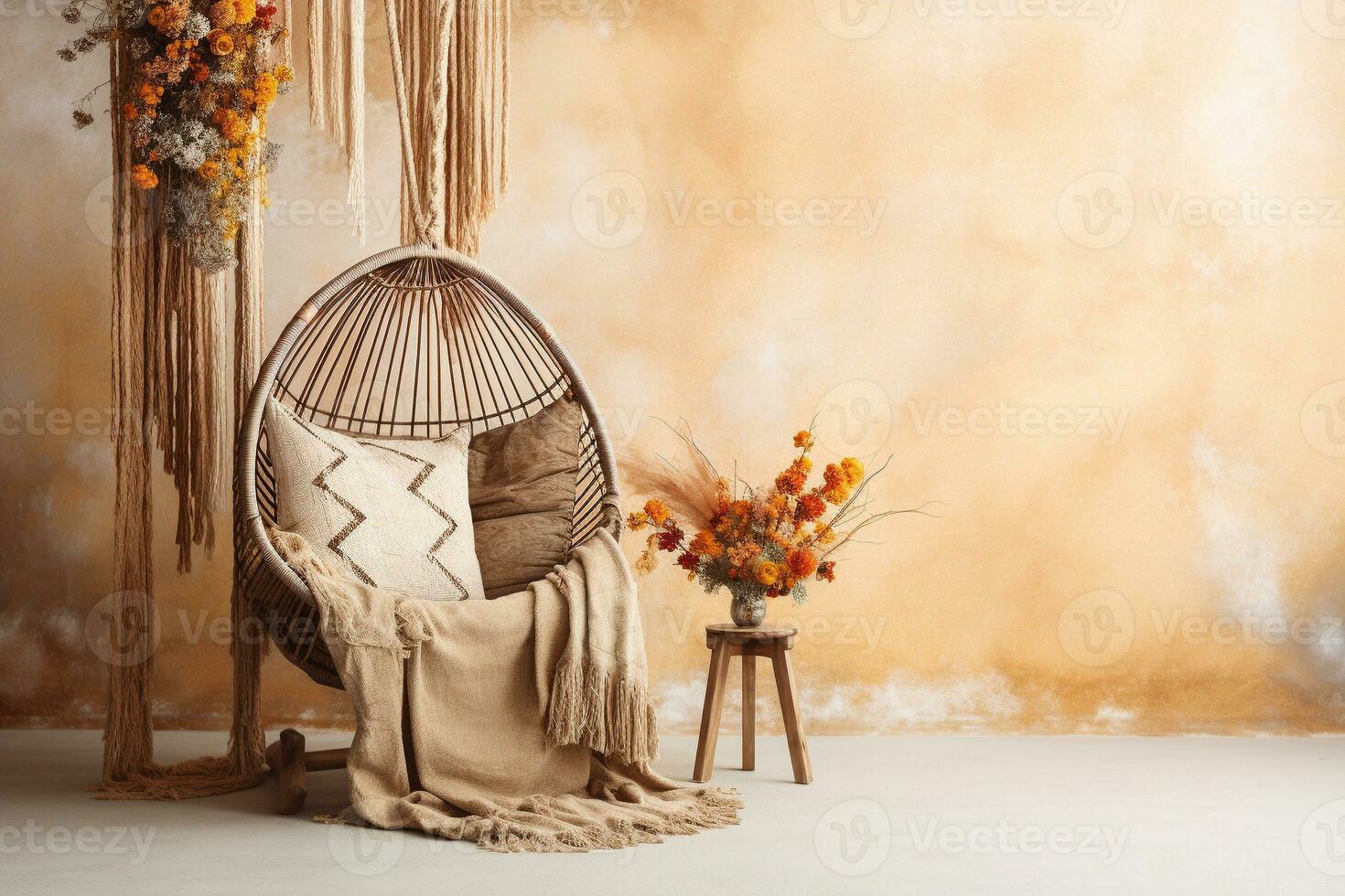 A statement hanging chair in a boho living room filled with earthy, natural colors. Ai generated photo