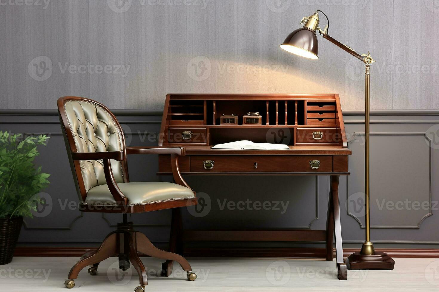 tradicional tapa enrollable escritorio destacando un clásico hogar oficina con caoba finalizar. ai generado foto