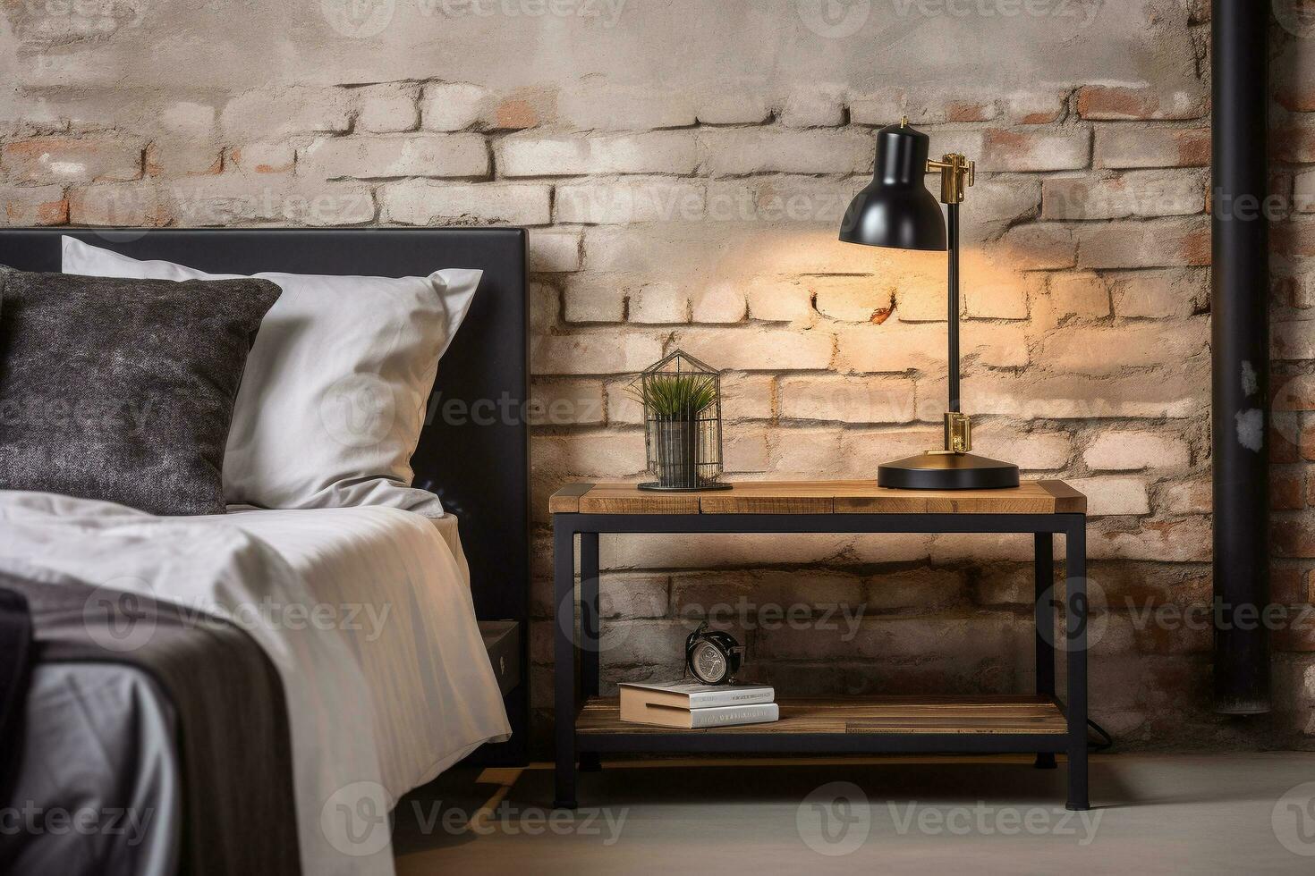 Industrial style side table decorating loft style bedroom with rustic wood and metal finish. Ai generated photo