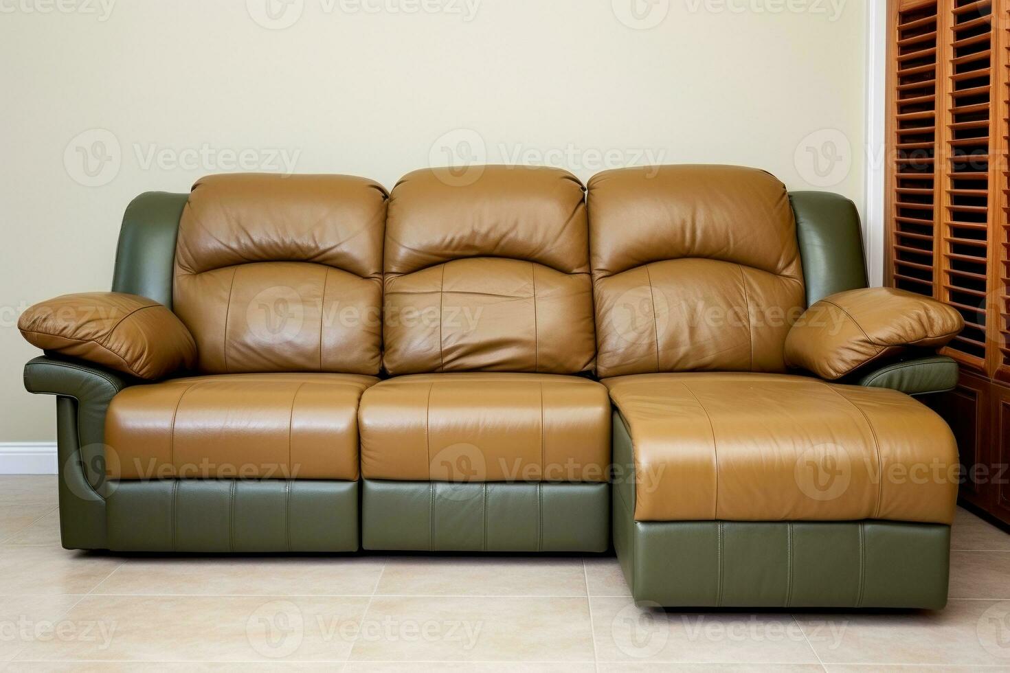 Leather sectional reclining sofa in family room in earthy green and brown tones. Ai generated photo