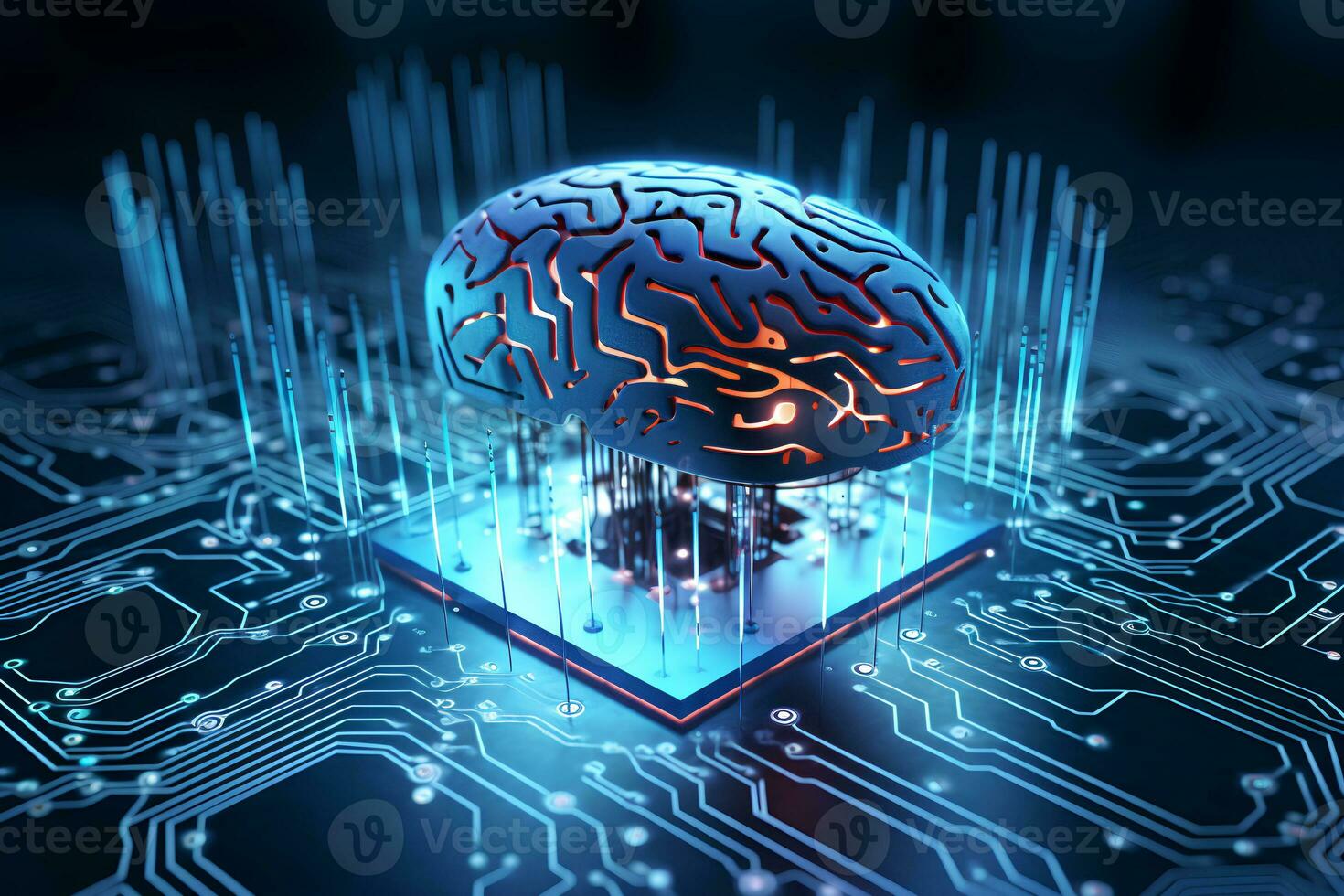 AI Chipset Melds with Human Brain on Computer Circuit Board for Futuristic AI and Deep Learning Tech Background. Ai CPU concept. Ai generative photo