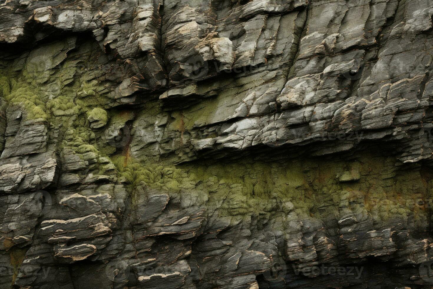 Eroded coastal rock texture with seaweed accents. Texture, background, pattern. Ai generative photo