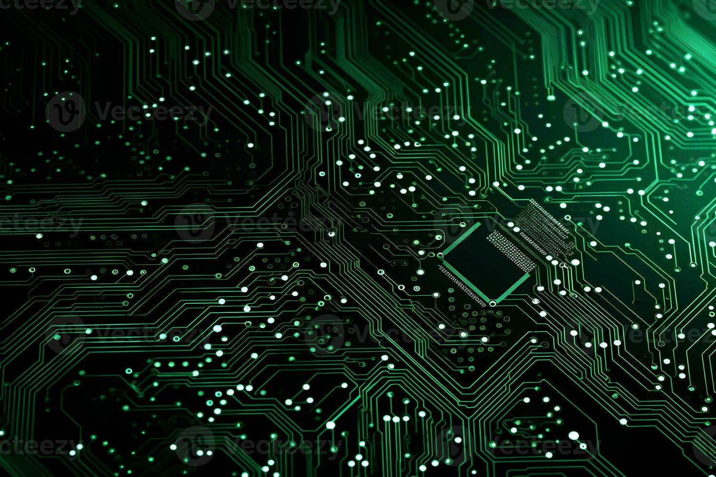 Detailed view of a contemporary circuit board with CPU, microchip, and components, perfect for tech presentations and illustrations. Ai generative photo