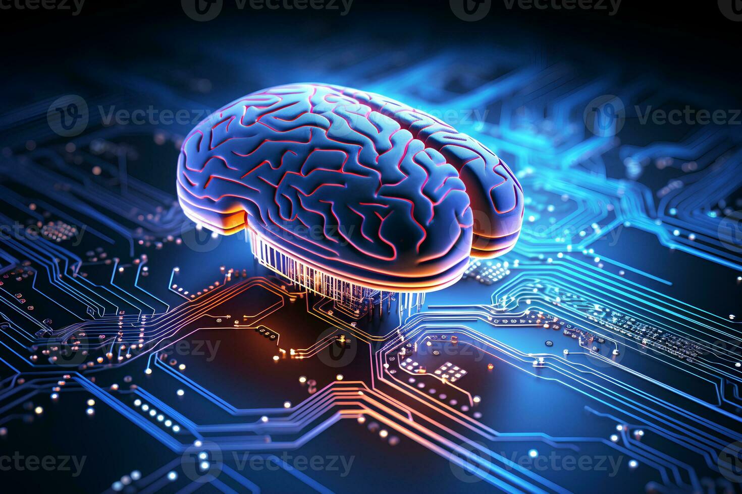 AI Chipset Melds with Human Brain on Computer Circuit Board for Futuristic AI and Deep Learning Tech Background. Ai CPU concept. Ai generative photo