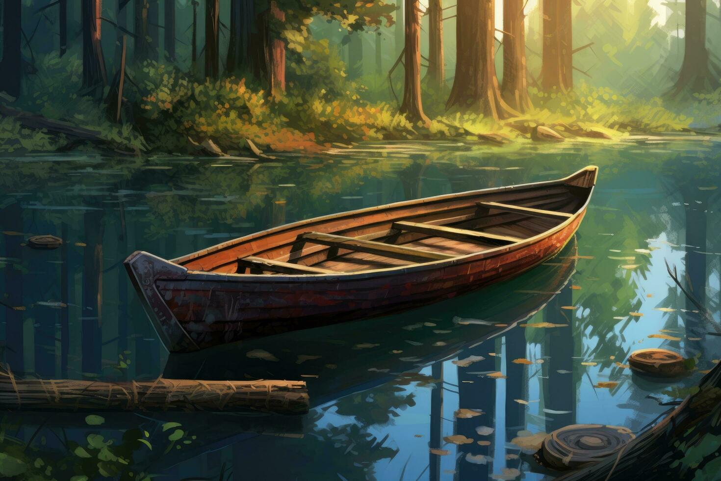 AI generated Wooden boat on the lake in the forest. 3d render, boat on the river, AI Generated photo