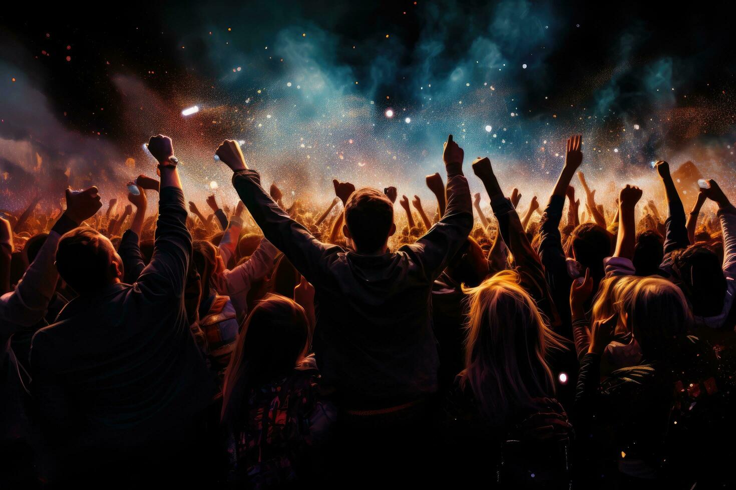 AI generated Crowd cheering at a live music concert with hands raised up in the air, Cheering crowd at a rock concert, AI Generated photo
