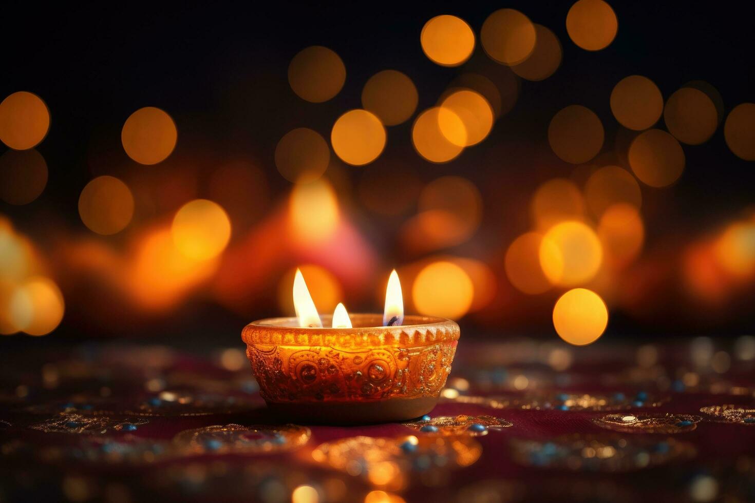 AI generated Indian festival Diwali, Diya oil lamps lit on colorful rangoli. Hindu traditional. Copy space for text, Candle light and bokeh background celebrate Indian Holiday Diwali, AI Generated photo