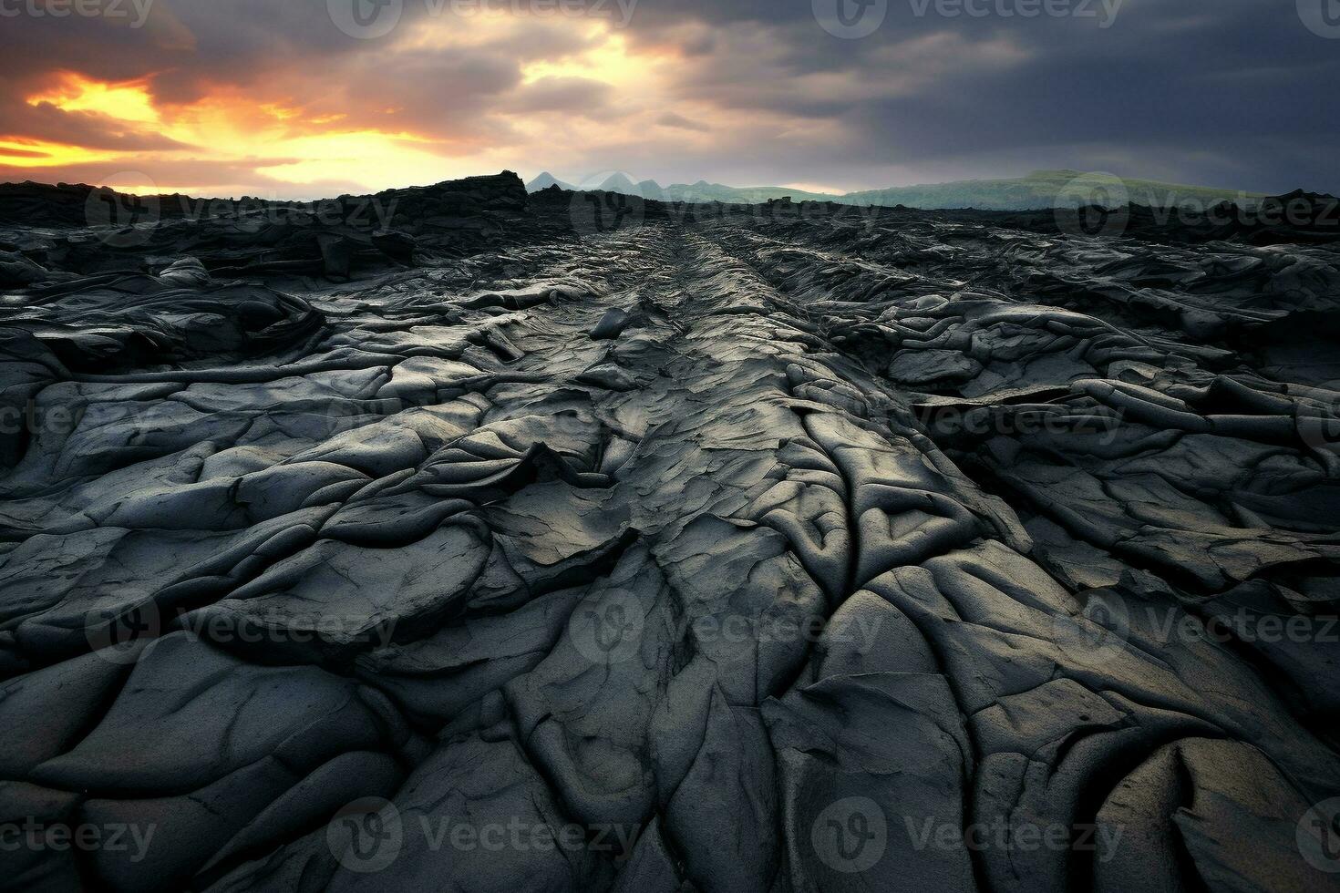 Cracked lava texture in volcanic landscape. Texture, background, pattern. Ai generative photo