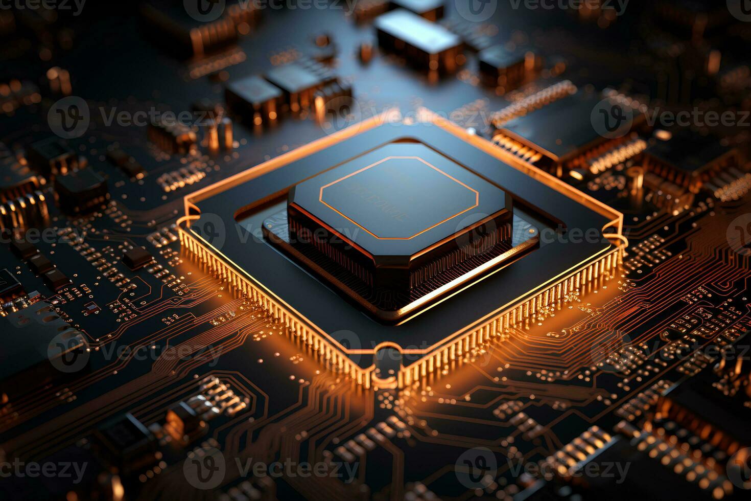 Detailed view of a contemporary circuit board with CPU, microchip, and components, perfect for tech presentations and illustrations. Ai generative photo