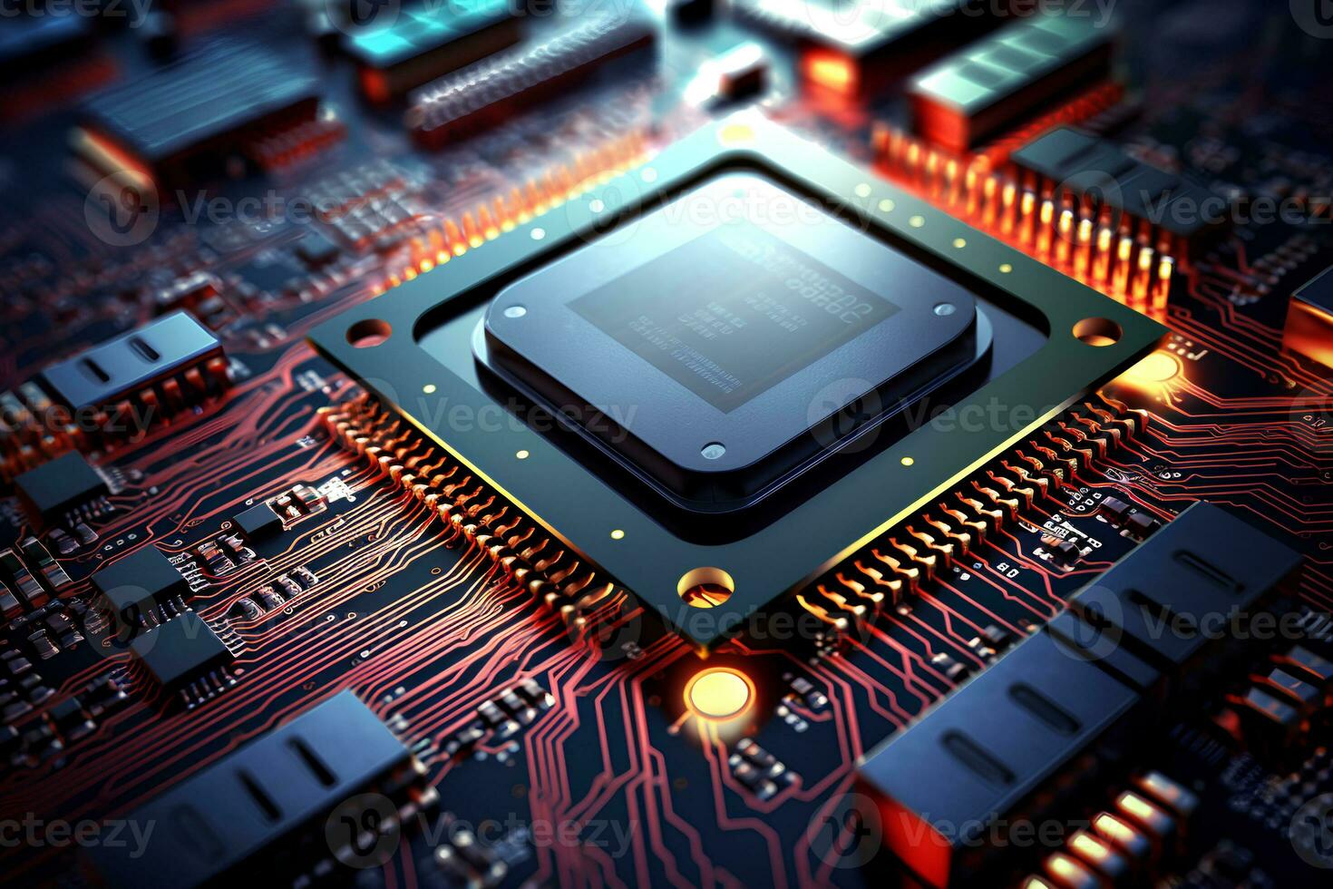 Detailed view of a contemporary circuit board with CPU, microchip, and components, perfect for tech presentations and illustrations. Ai generative photo