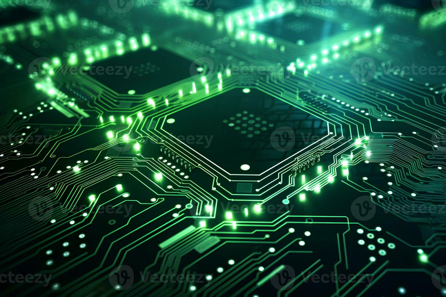 Detailed view of a contemporary circuit board with CPU, microchip, and components, perfect for tech presentations and illustrations. Ai generative photo