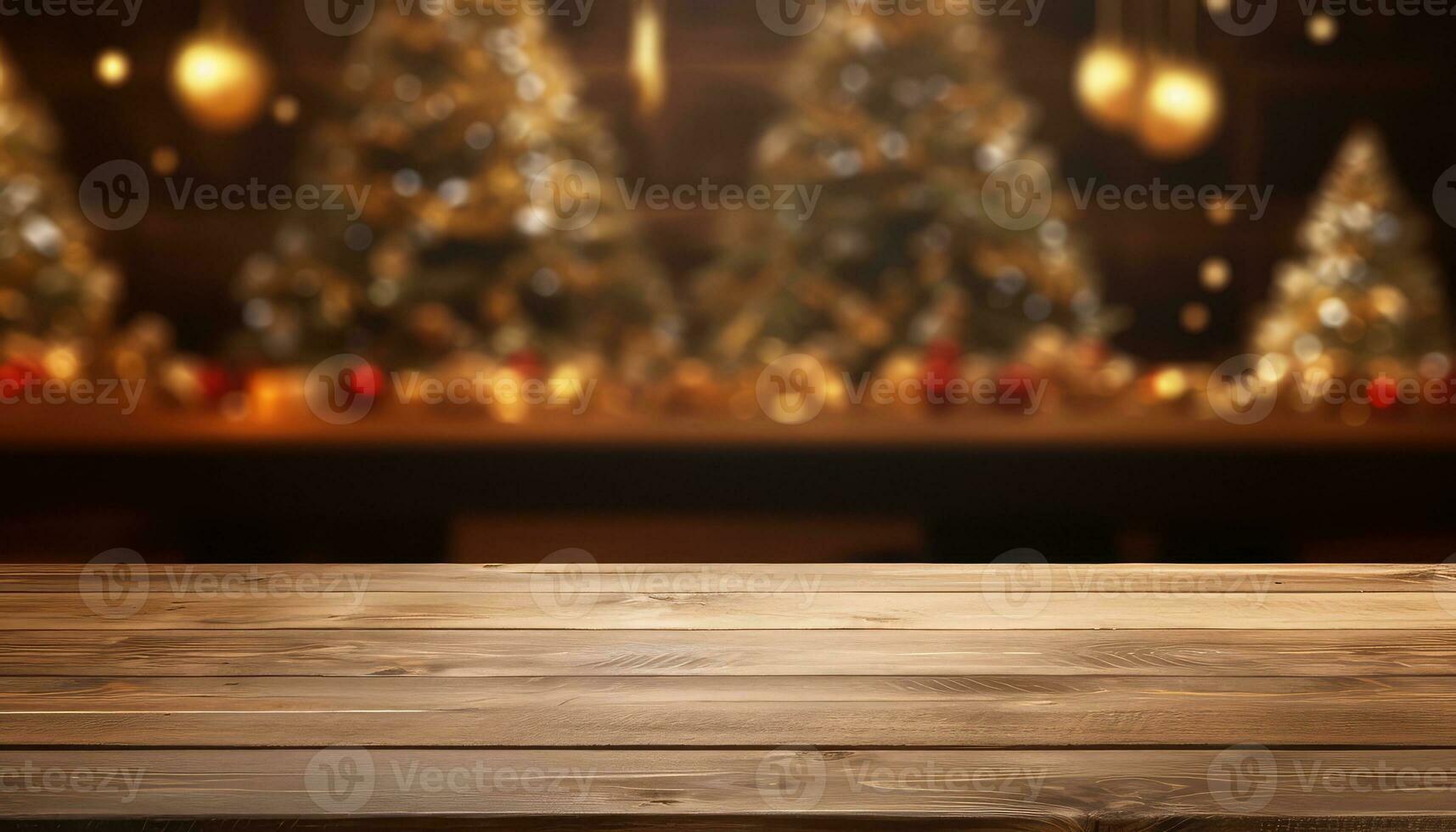 Wood Table with Blurry Christmas Tree and Fireplace Background for Festive Decor,ai generated photo