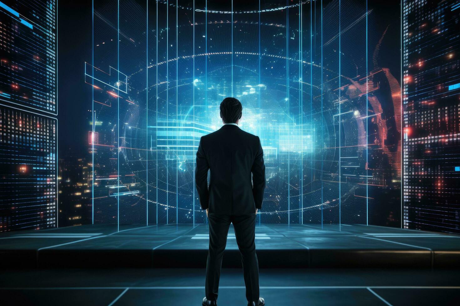 AI generated Businessman standing with back and looking at virtual panel. Future concept, Businessman standing in front of a digital big screen hologram displaying business data, captured, photo