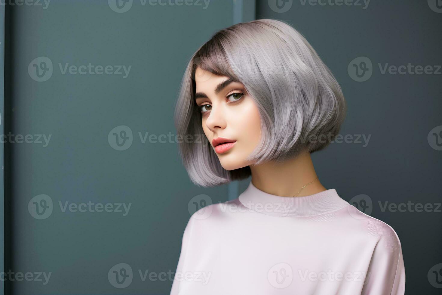 Young woman with short bob haircut on gray background. AI Generative photo