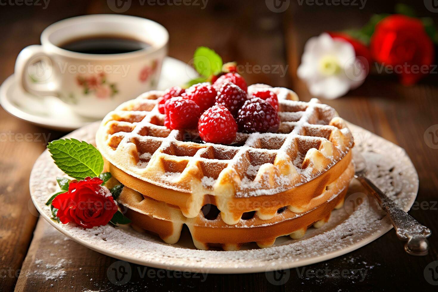 Belgian Waffles and Coffee Perfection. AI Generative photo