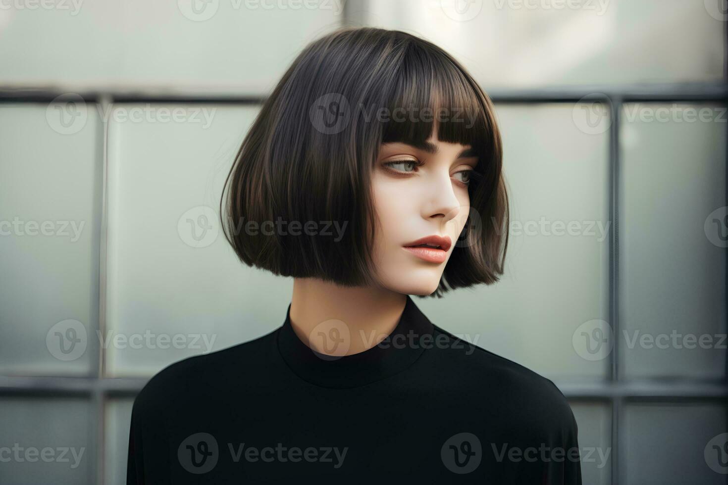 Young woman with short bob haircut on light background. AI Generative photo