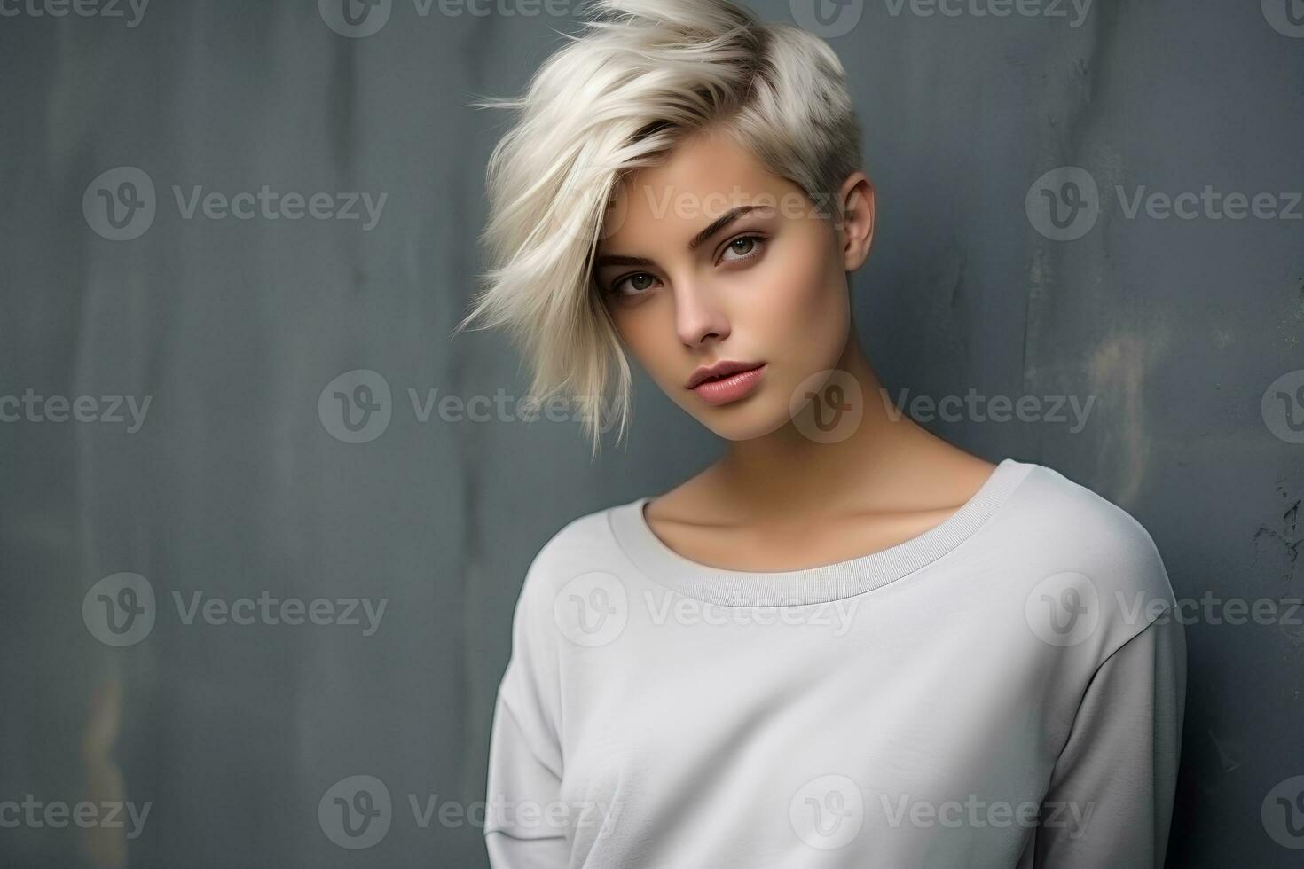 Young woman with short bob haircut on gray background. AI Generative photo