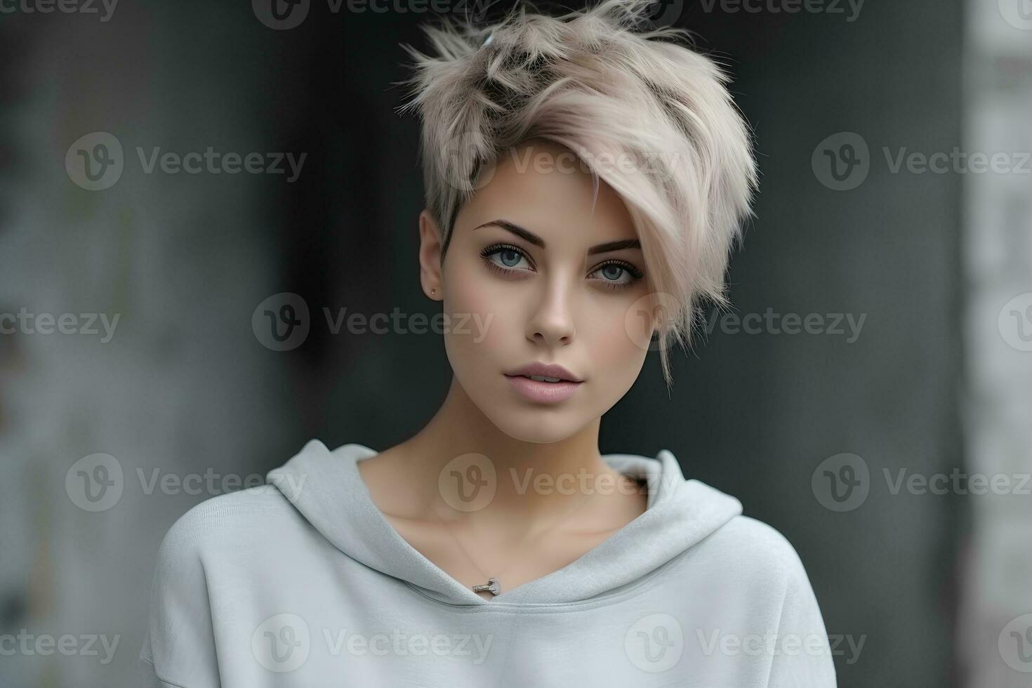 Young woman with short bob haircut on gray background. AI Generative photo