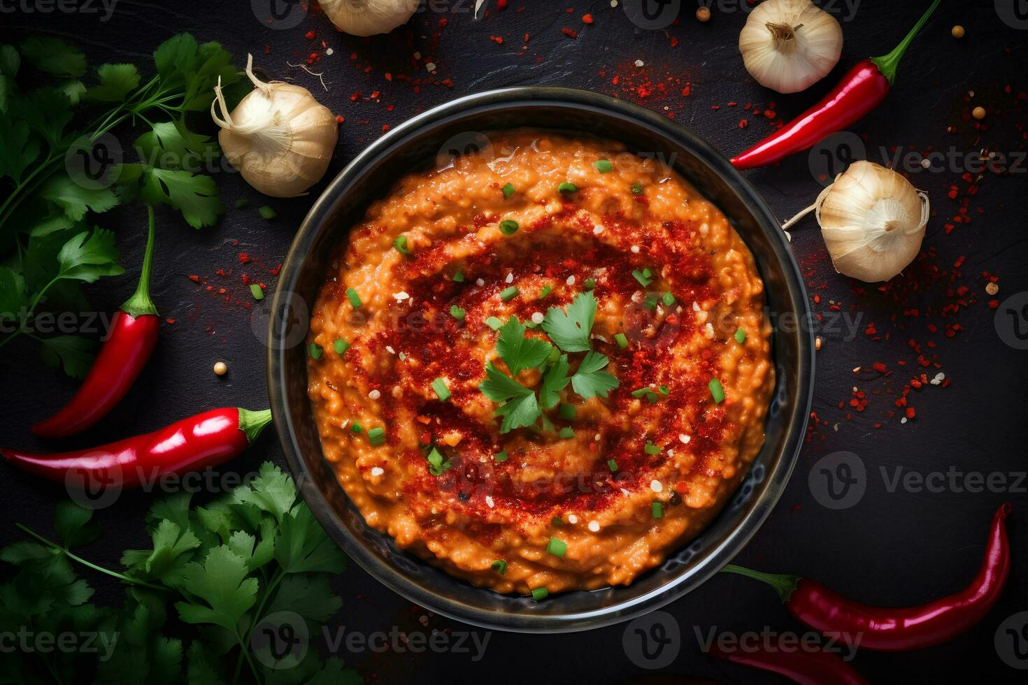 Spicy Asian Dip Harissa with Roasted Red Pepper and Garlic. AI Generative photo
