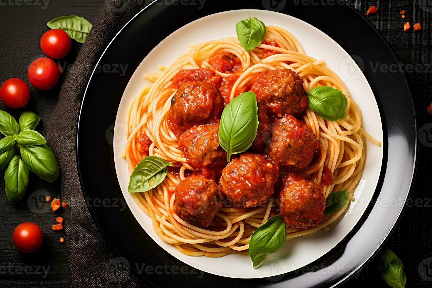 Spaghetti with Meatballs in Tomato Sauce. AI Generative photo