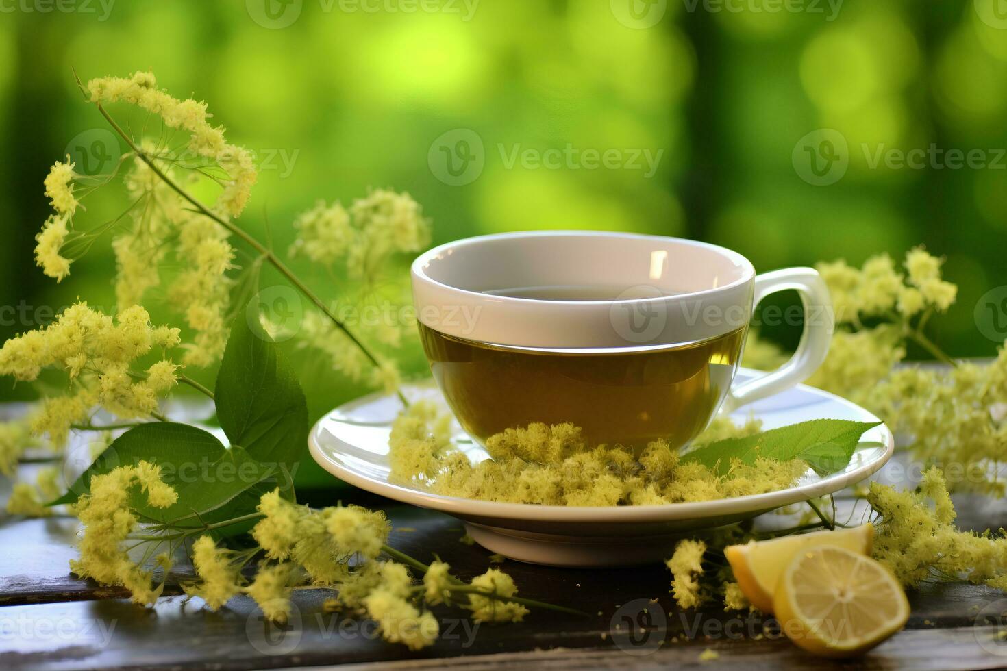 Soothing Cup of Linden Herbal Tea with Fresh Linden Flowers. Ai generative photo