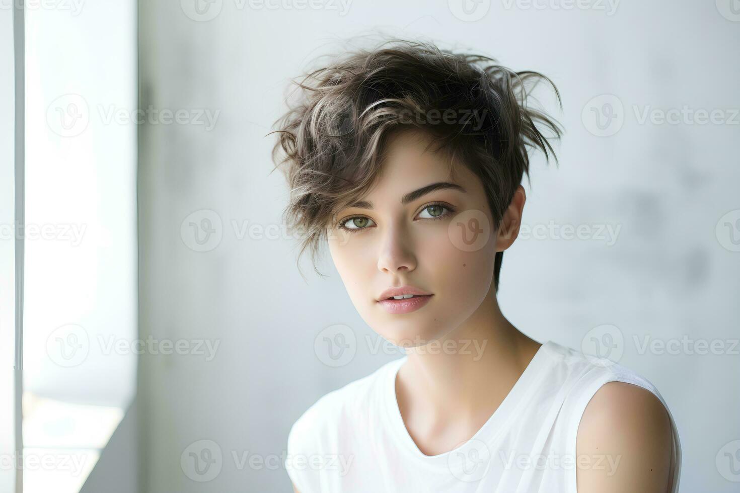 Beautiful woman with short bob haircut and tanned skin on light background. AI Generative photo