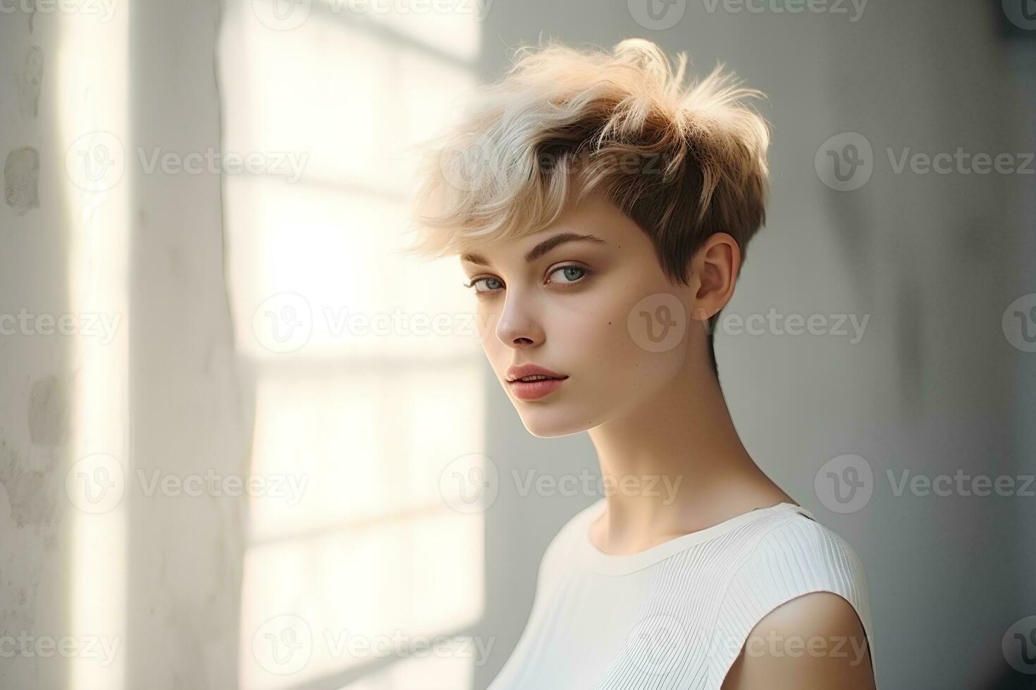 Young woman with short bob haircut on light background. AI Generative photo