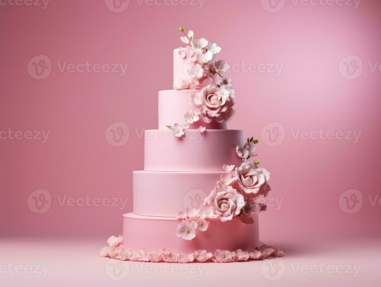 AI Generated Beautiful multitiered cake decorated with flowers. photo