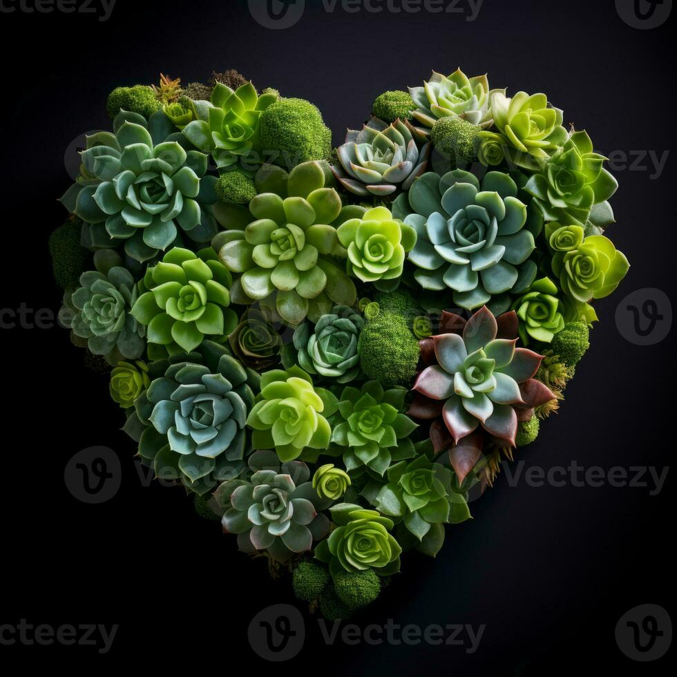AI Generated The heart is lined with beautiful succulents on a black background photo