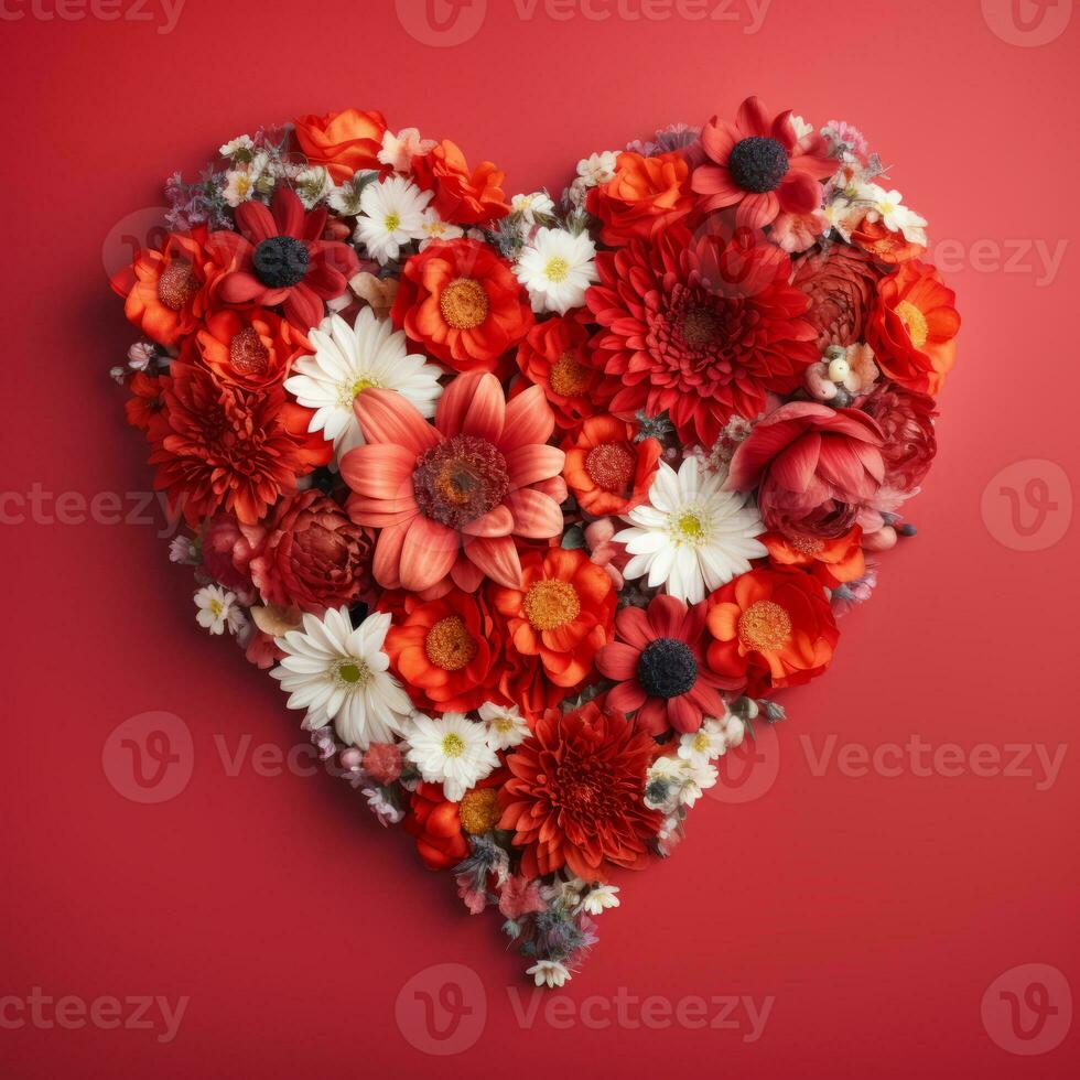 ai generado el corazón es forrado con hermosa flores en un rojo antecedentes foto