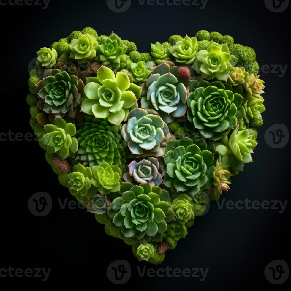 AI Generated The heart is lined with beautiful succulents on a black background photo