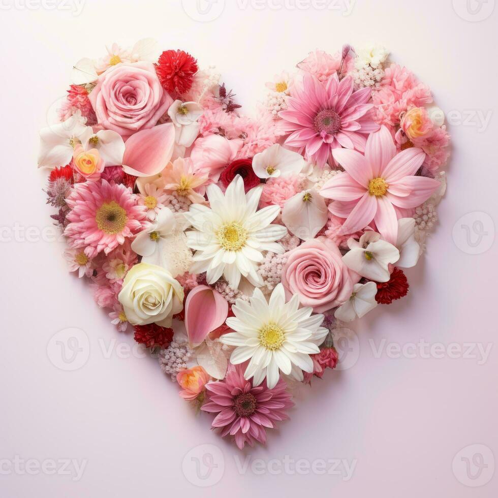 AI Generated The heart is lined with beautiful pink and white flowers on a pink background photo