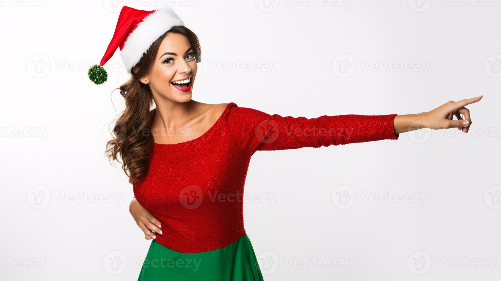 AI generated Dynamic Holiday offer Captivating Model in Festive Christmas Party Dress Points with Energetic Joy to a discount or special offer, Vibrant Colors on a Pristine White Background photo