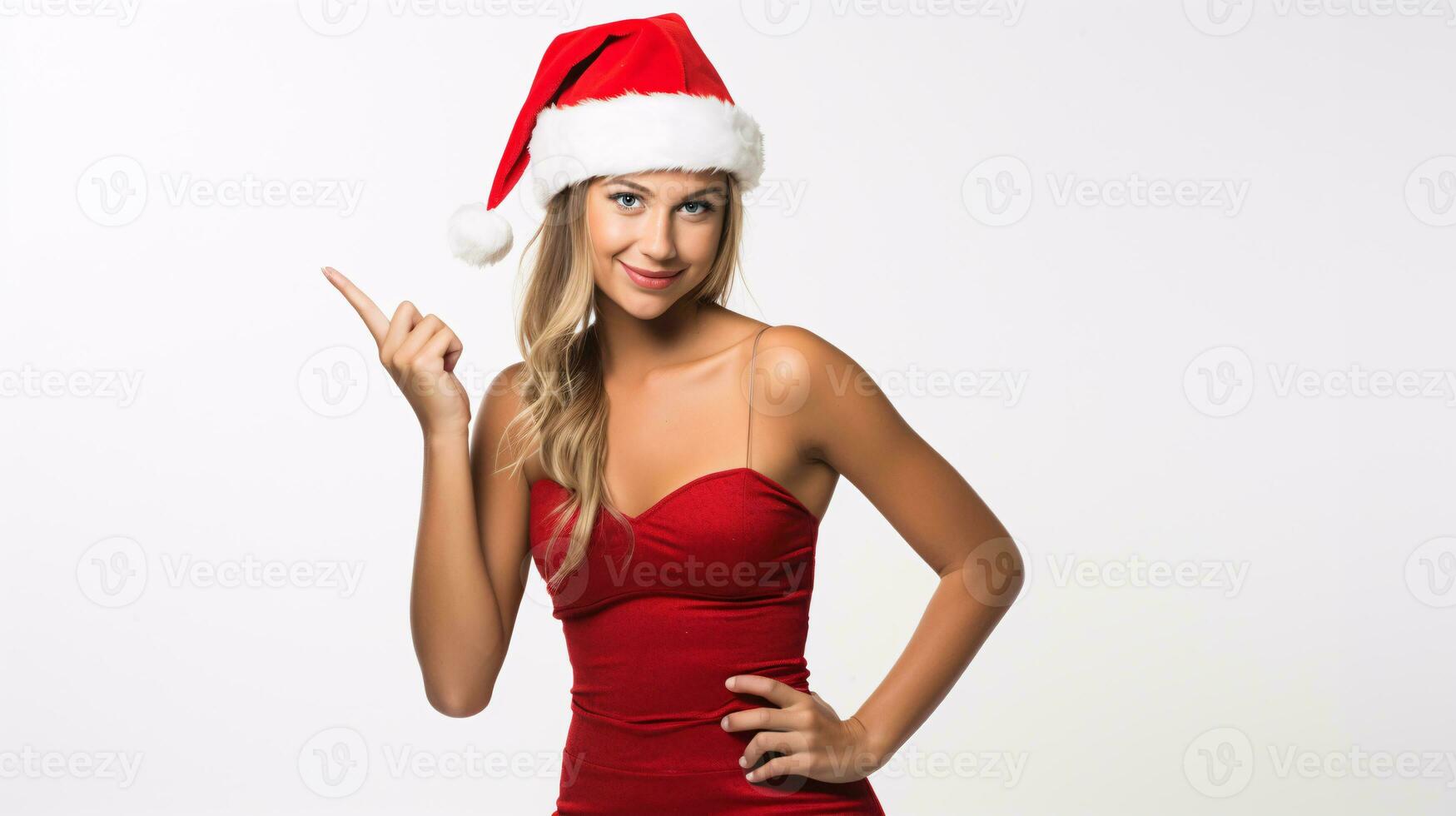 AI generated Dynamic Holiday offer Captivating Model in Festive Christmas Party Dress Points with Energetic Joy to a discount or special offer, Vibrant Colors on a Pristine White Background photo