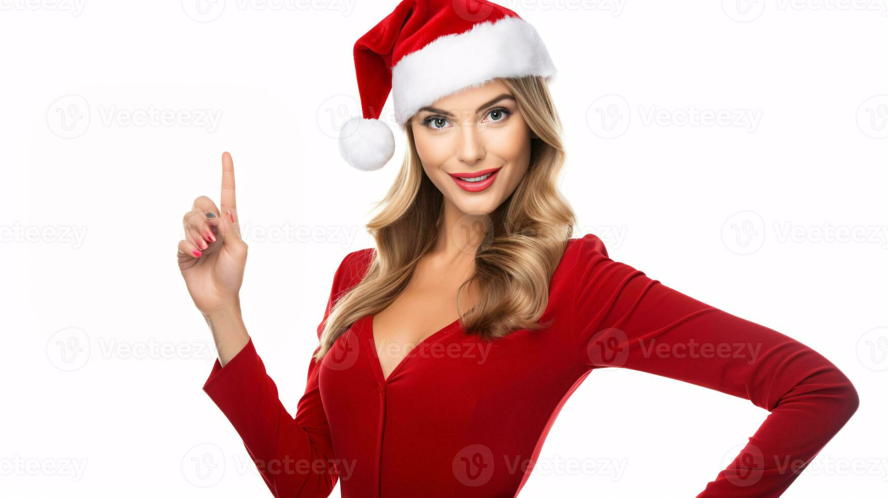 AI generated Dynamic Holiday offer Captivating Model in Festive Christmas Party Dress Points with Energetic Joy to a discount or special offer, Vibrant Colors on a Pristine White Background photo