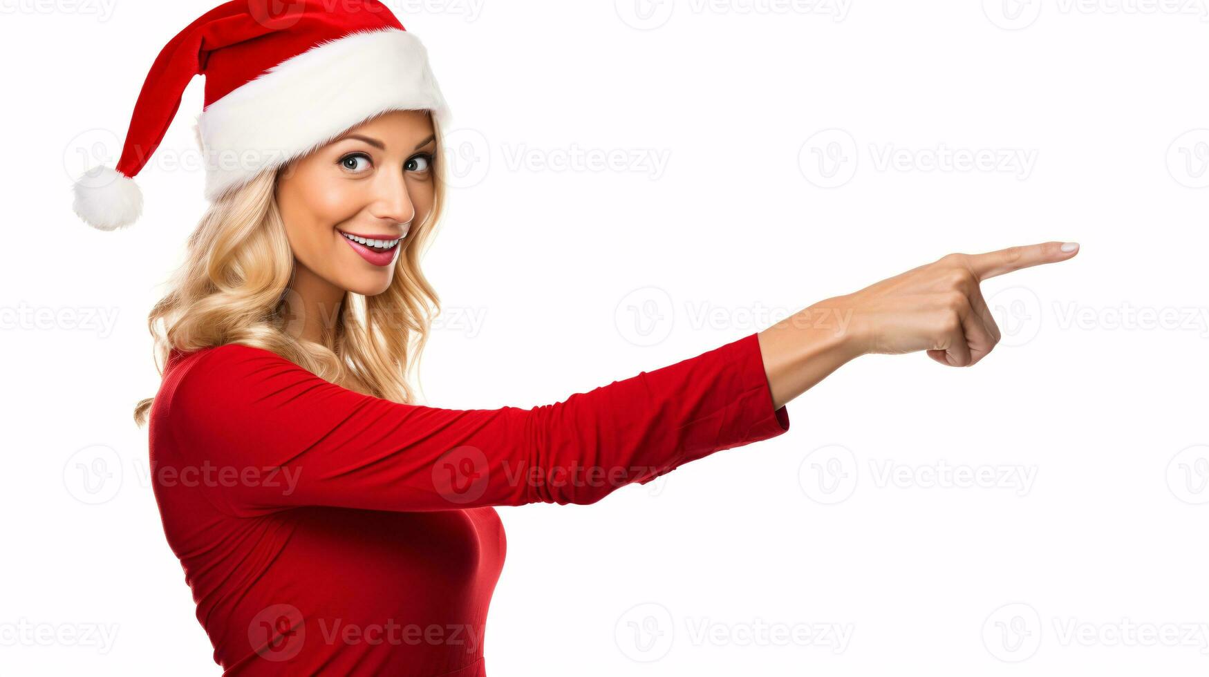 AI generated Dynamic Holiday offer Captivating Model in Festive Christmas Party Dress Points with Energetic Joy to a discount or special offer, Vibrant Colors on a Pristine White Background photo