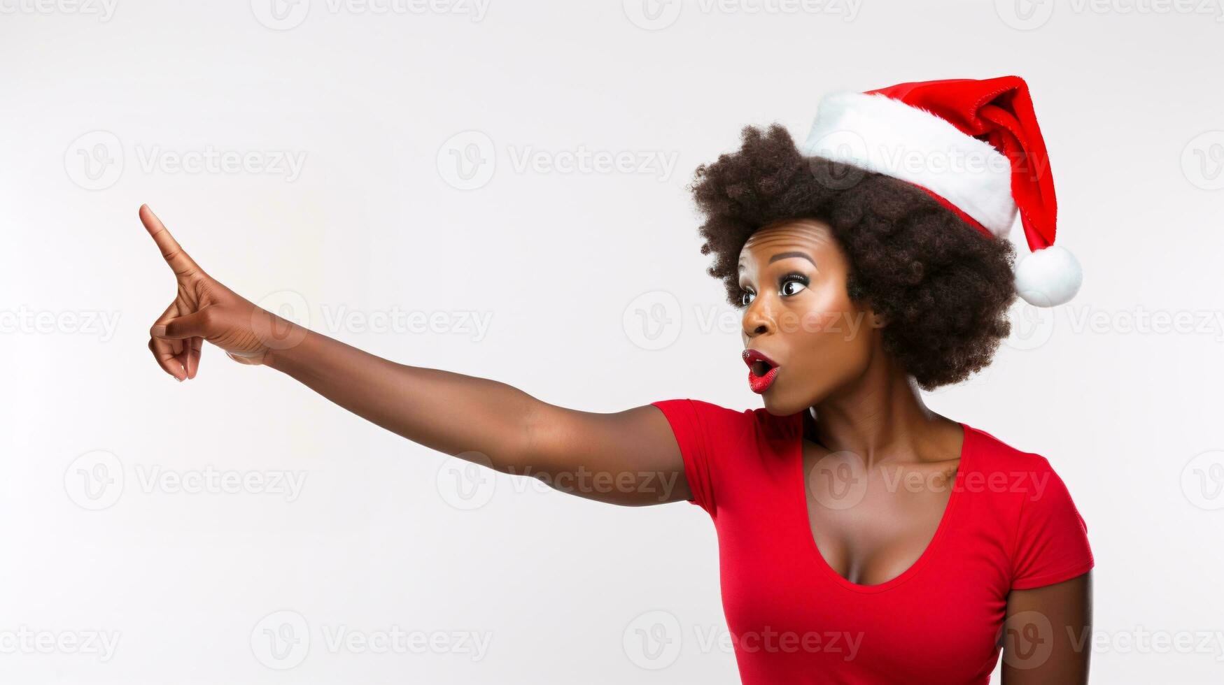 AI generated Dynamic Holiday offer Captivating Model in Festive Christmas Party Dress Points with Energetic Joy to a discount or special offer, Vibrant Colors on a Pristine White Background photo