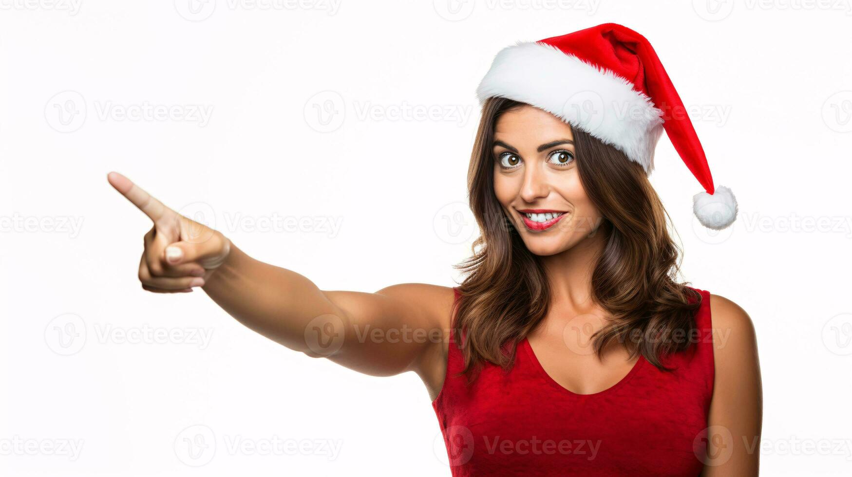 AI generated Dynamic Holiday offer Captivating Model in Festive Christmas Party Dress Points with Energetic Joy to a discount or special offer, Vibrant Colors on a Pristine White Background photo