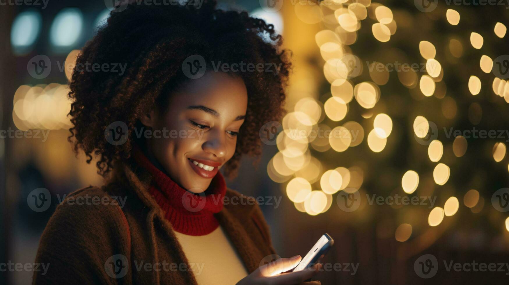 AI generated Capturing Emotional Moments Serene Model Immersed in Heartwarming Holiday Messages on Phone, Illuminated with Warm Ambient Lighting photo