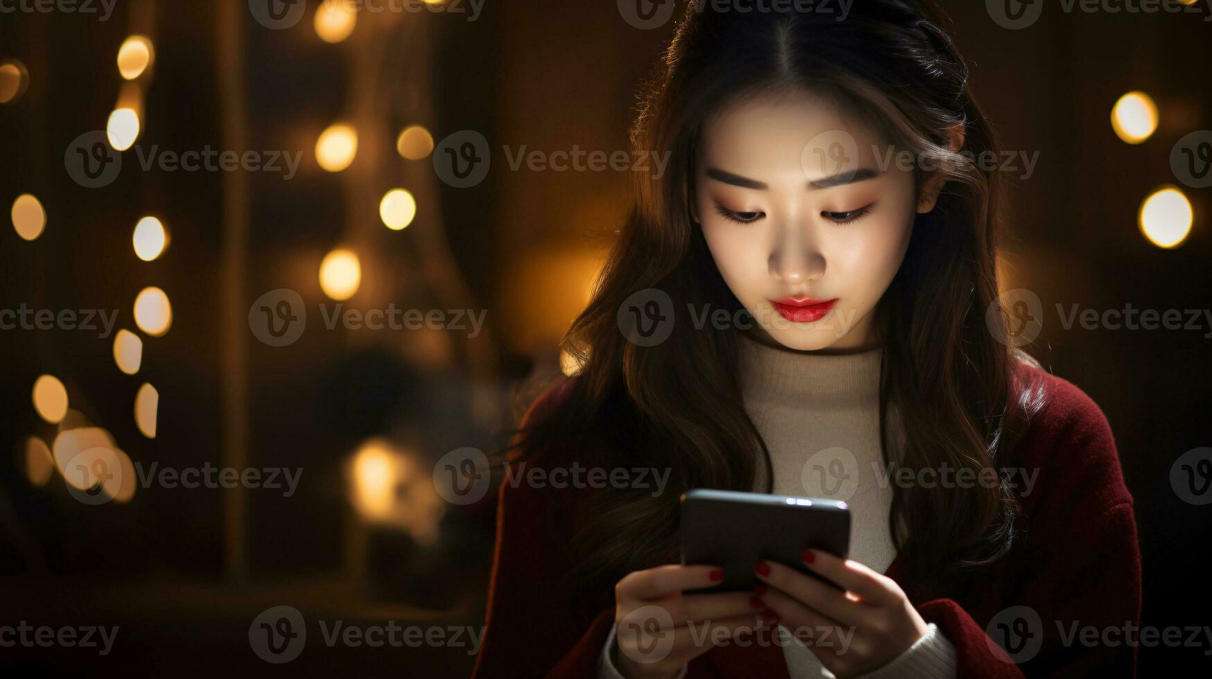 AI generated Capturing Emotional Moments Serene Model Immersed in Heartwarming Holiday Messages on Phone, Illuminated with Warm Ambient Lighting photo